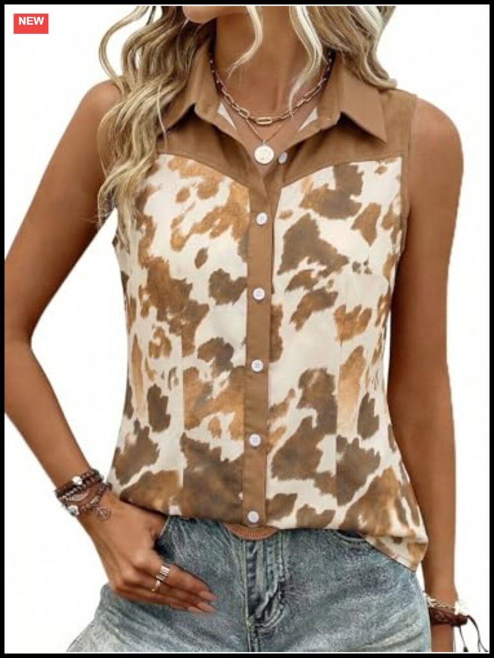 Western Sleeveless Button Down Shirt Women Retro Cowgirl Tank Top